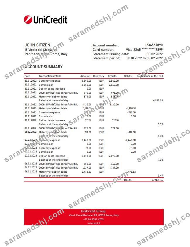 Italy Unicredit bank statement xls